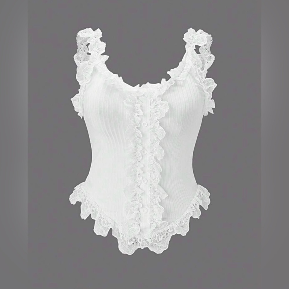 White Lace-Trim Ribbed Tank Top